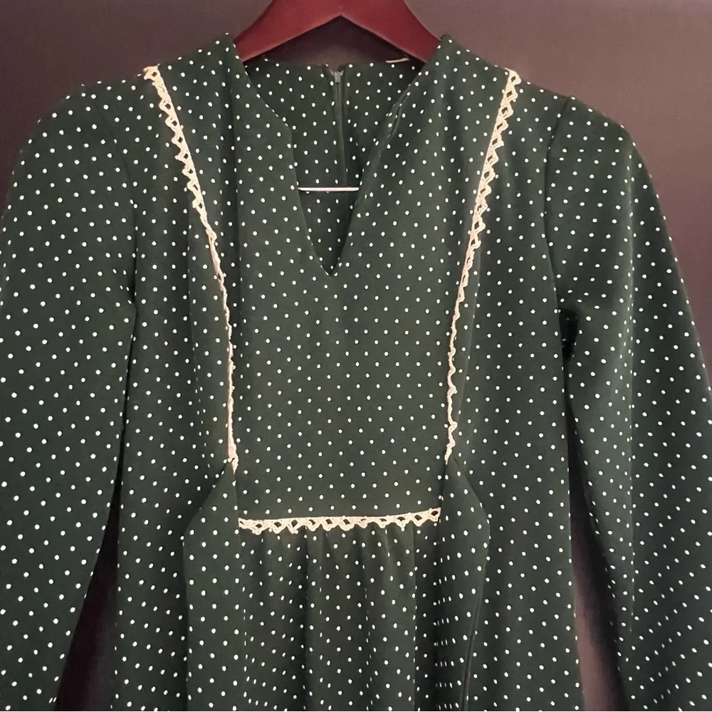 Vintage 70s Bib Front Tie Back Prairie Long Sleeve Maxi Dress - Picture 7 of 14